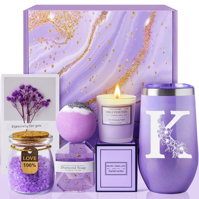 Gifts for Women Mom Wife Girlfriend Sister Friends Her Unique Birthday Christmas Valentines Day Mothers Day Gifts Initial Lavender Spa Gift Basket Set K